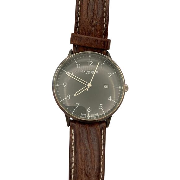 Men's Akribos XXIV Swiss Quartz Watch Date/ Time Adjustable Leather Band - Picture 3 of 11